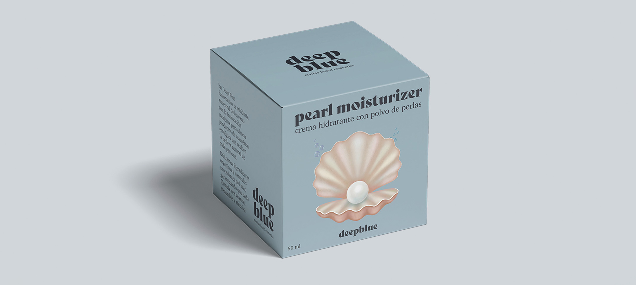 Deep Blue Cosmetics. Branding. Diseño de identidad visual para marca de cosmética vegana basada en ingredientes marinos. Diseño de packaging, caja para crema hidratante. Ideantia